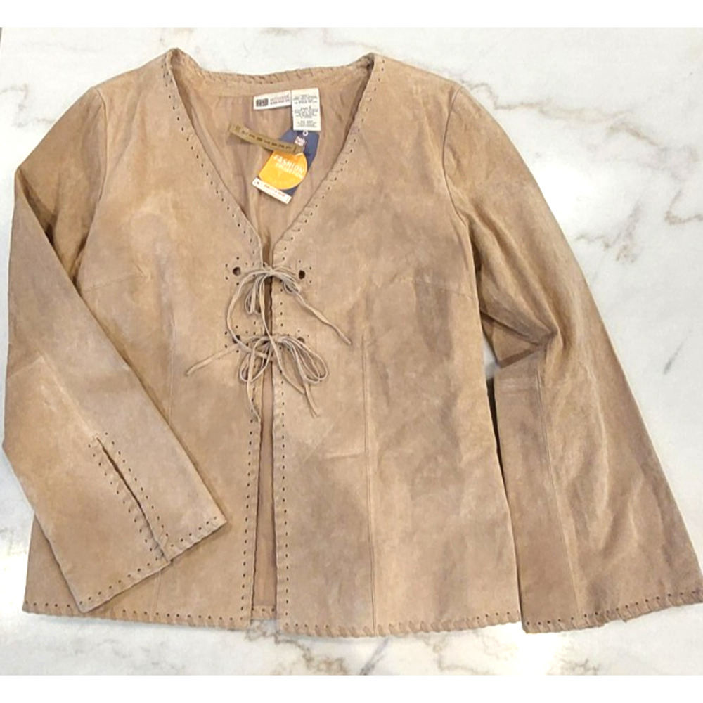 Faded Glory Vtg Large (12-14) Genuine Suede Leather Tie Front Jacket Tan‎ NWT - Picture 3 of 13